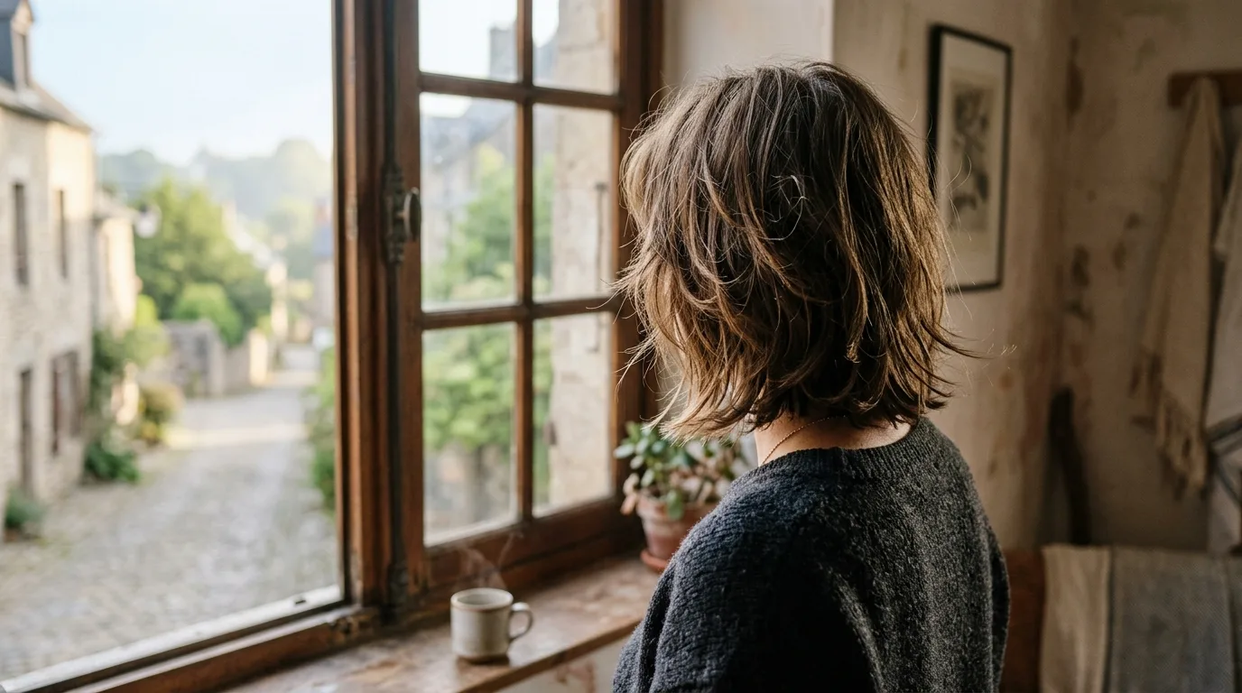 Collarbone length layered hair shown from behind in natural window light