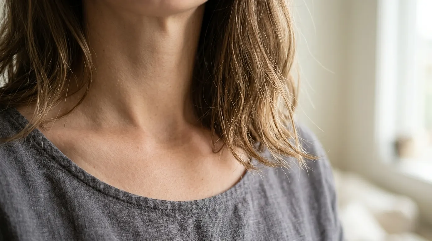 Hair ending just below the collarbone to show where medium length should sit