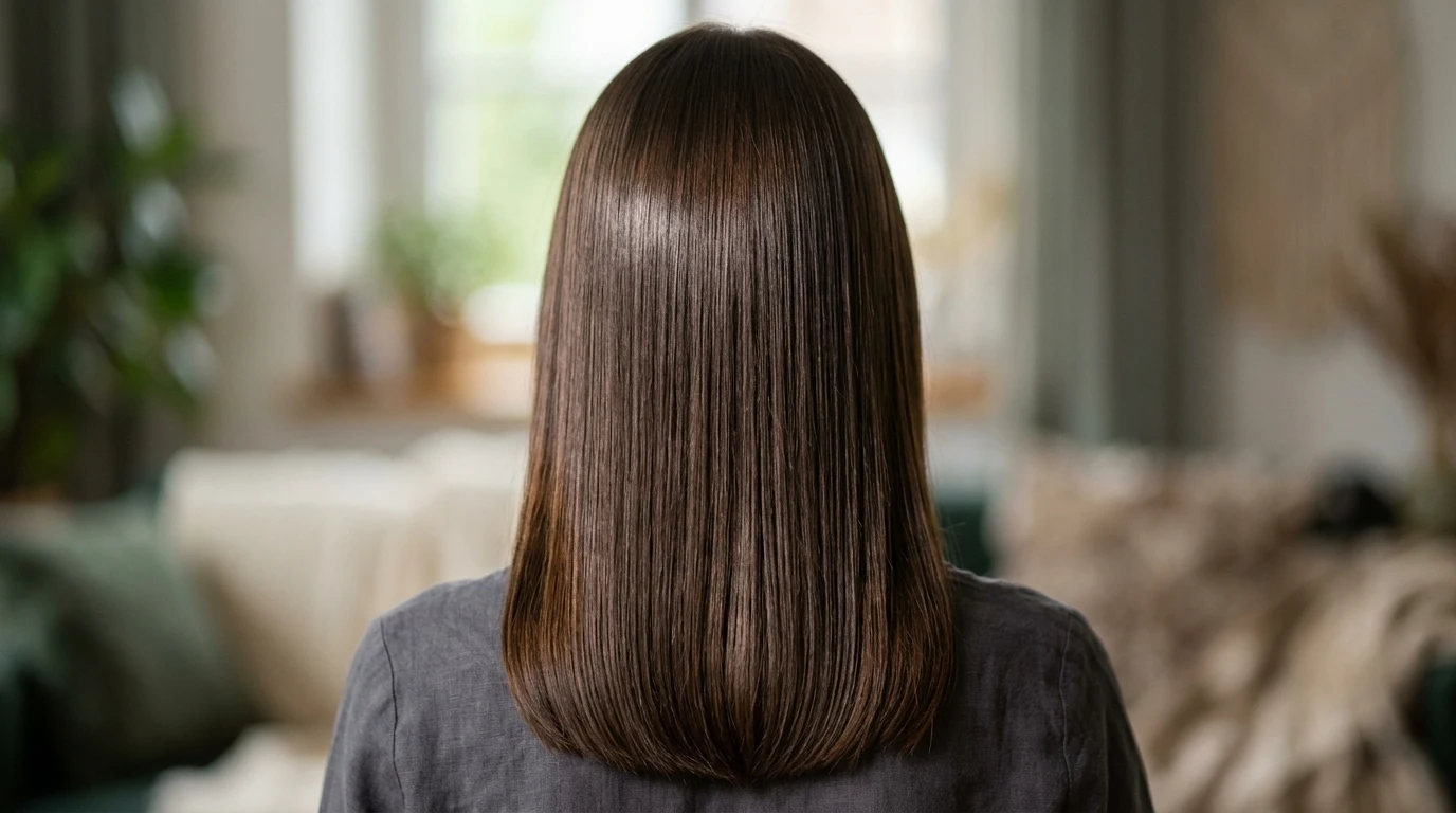 Haircuts for mid length straight hair shown with a smooth shiny finish