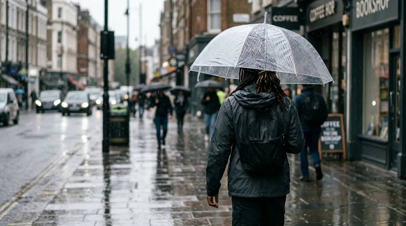 Locs kept dry under an umbrella on a wet autumn street