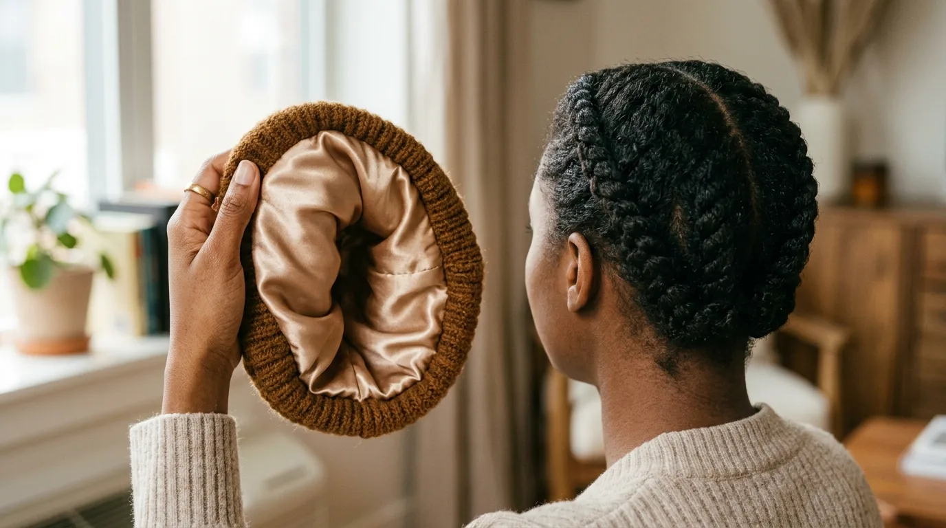 A satin lined beanie shown beside flat twists that survive a hat