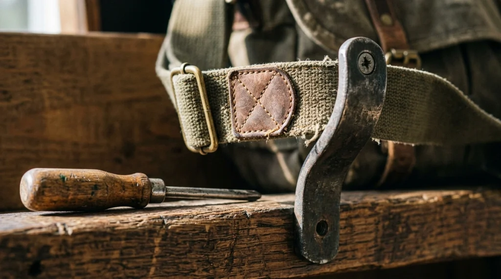 A wide heavy duty hook mounted on a rail holding the strap of a full school bag