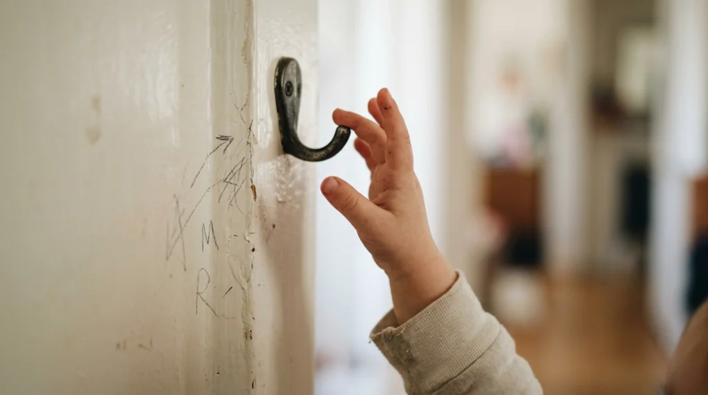 A hook mounted at child shoulder height so a school bag can be hung without stretching
