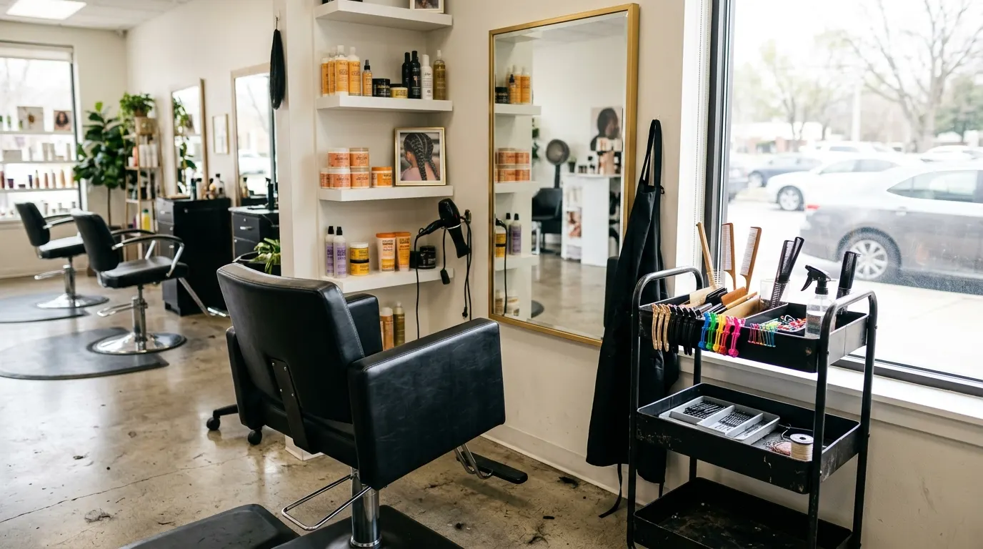 A braiding station set up before an extended appointment begins