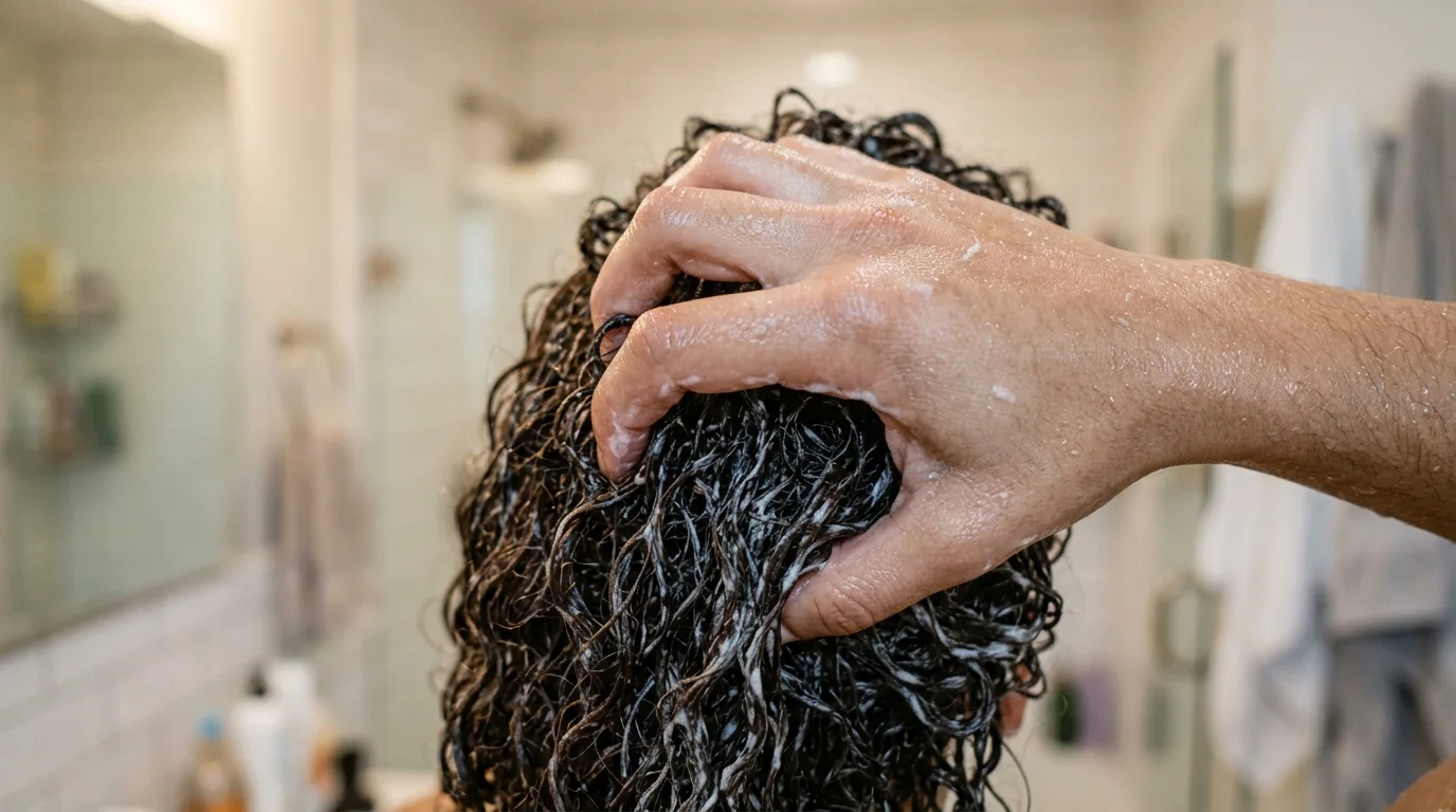 Curl cream scrunched upward into soaking wet hair to define the pattern