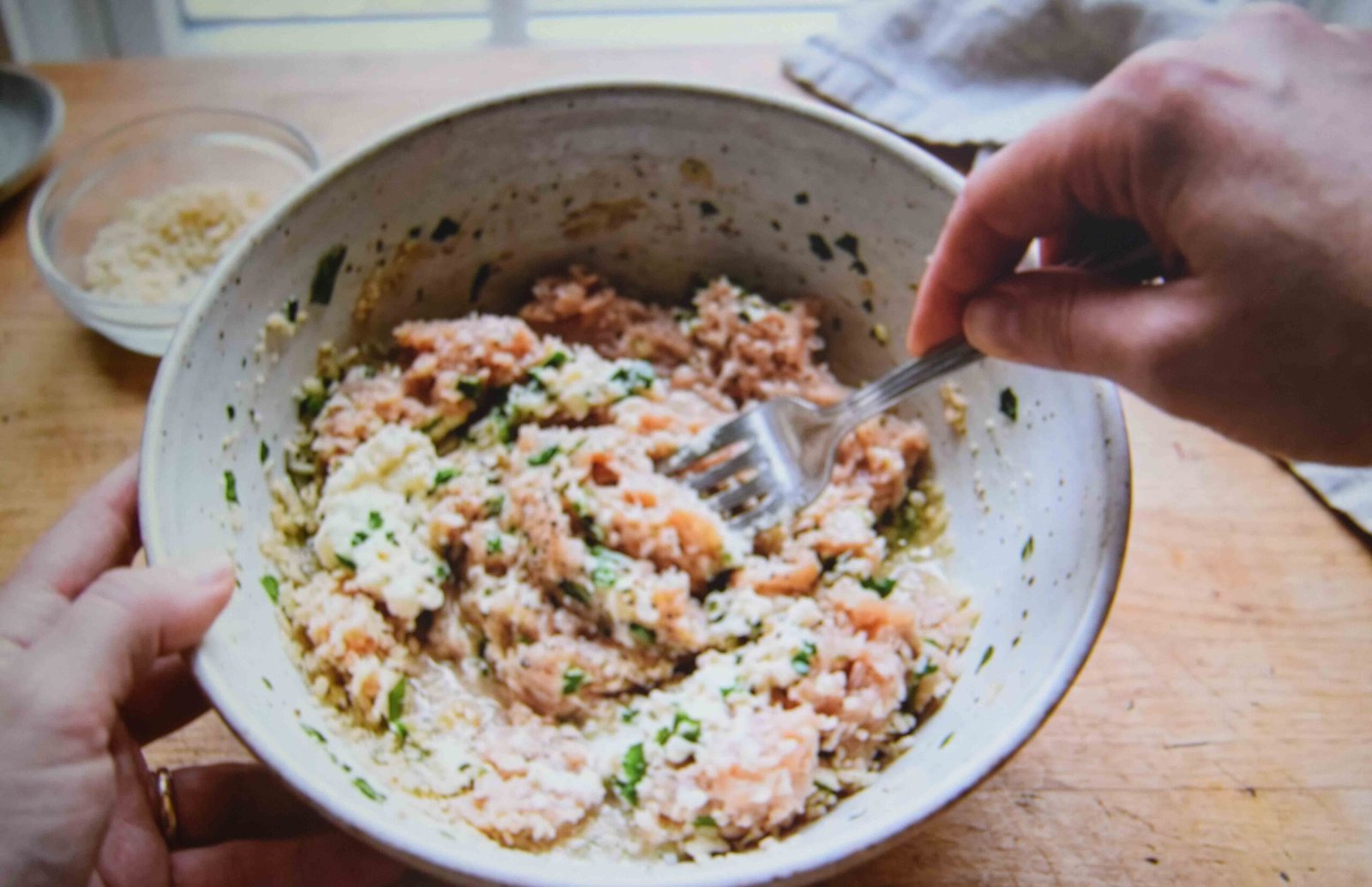 Meatball mixture folded gently together rather than overworked