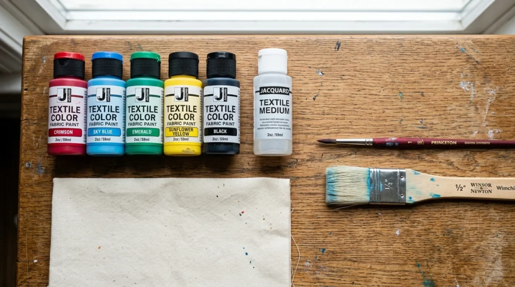 Fabric paint bottles and two brush types laid out before starting a denim project