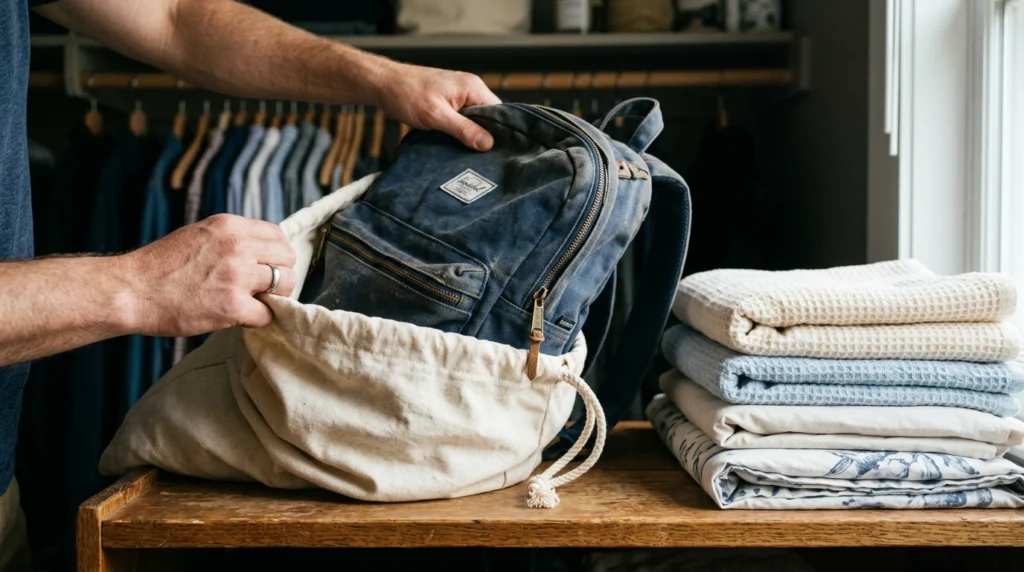 A backpack going into a breathable cotton bag for long term storage on a closet shelf