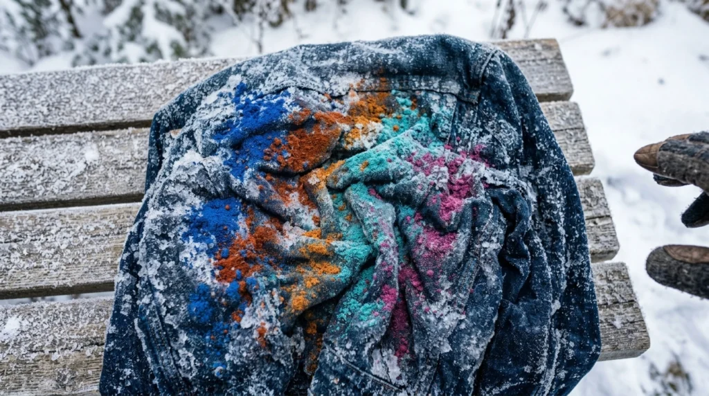Ice piled over scrunched denim with powdered dye sprinkled on top for a marbled effect