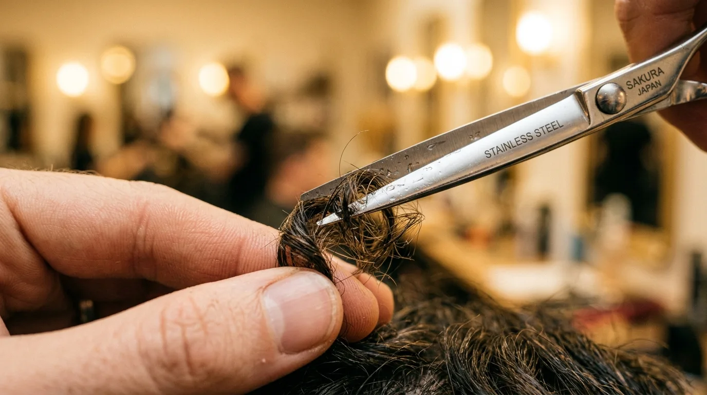 A single dry curl being cut individually rather than in a wet section