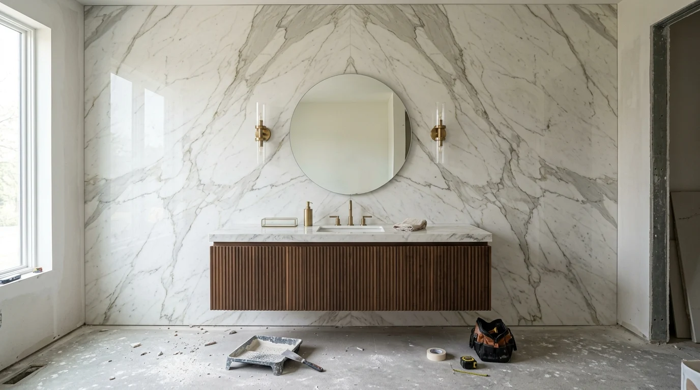 A single large slab used instead of small tiles so the veining runs unbroken