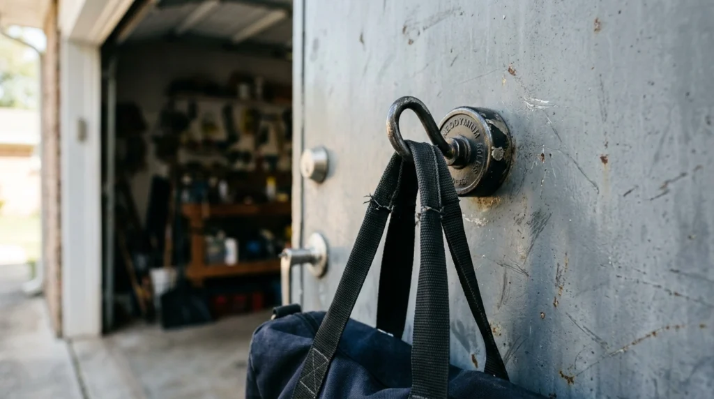 A magnetic hook holding a bag on a steel garage door with no drilling required