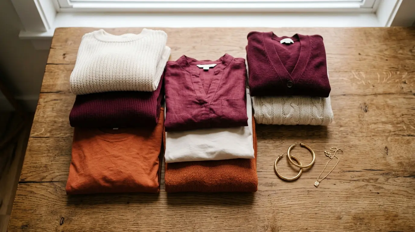 Team colored tops laid out to show which shades sit best against warmer undertones