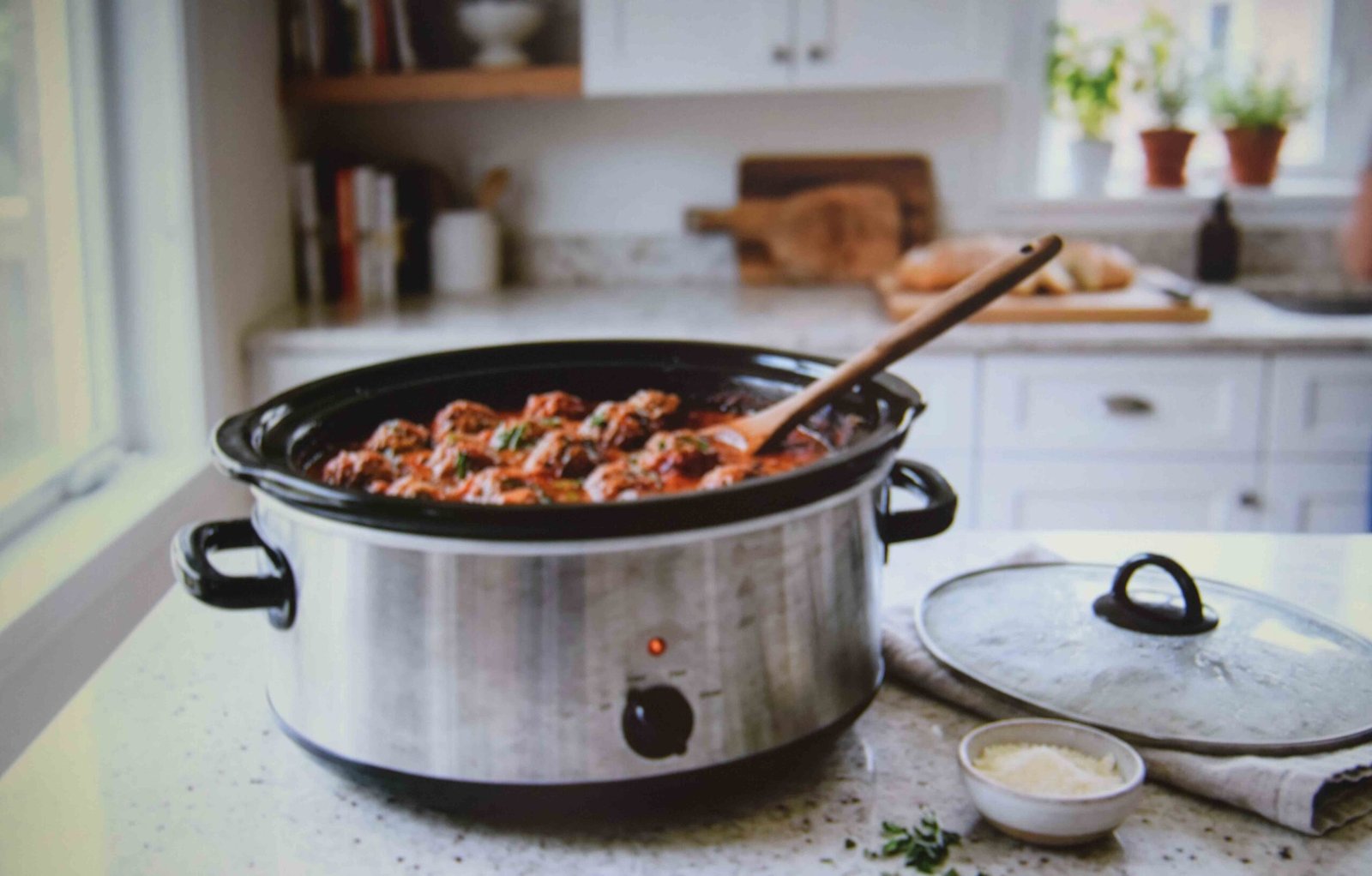 The marry me meatballs crockpot version cooking slowly with the lid off