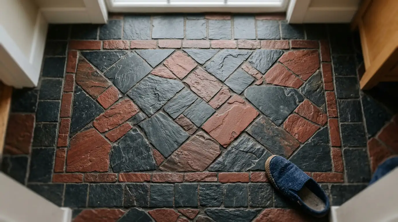 A patterned marble floor in bathroom design that anchors the room from the ground