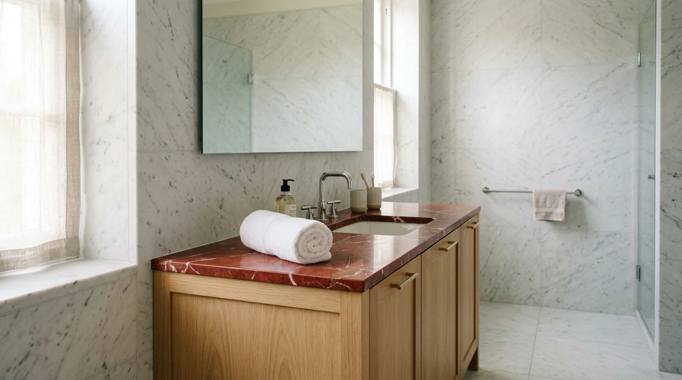 Pale stone walls with a red counter showing how two marbles share a room
