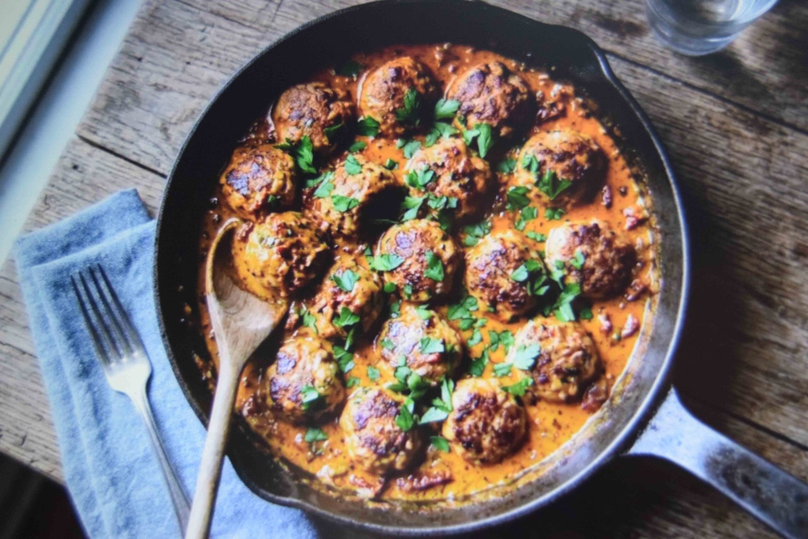 A skillet of marry me meatballs in sun dried tomato cream sauce finished with parsley