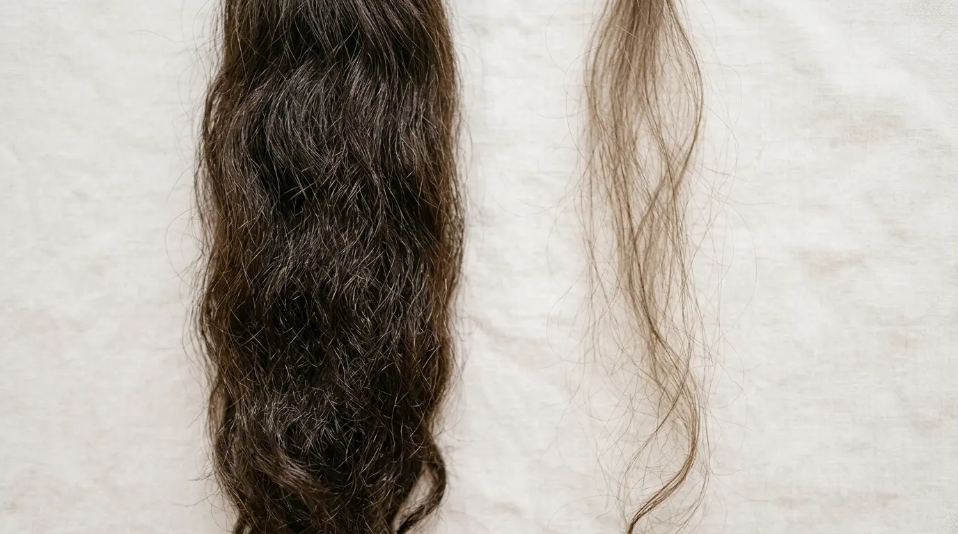 Thick and fine hair sections compared side by side to show density difference