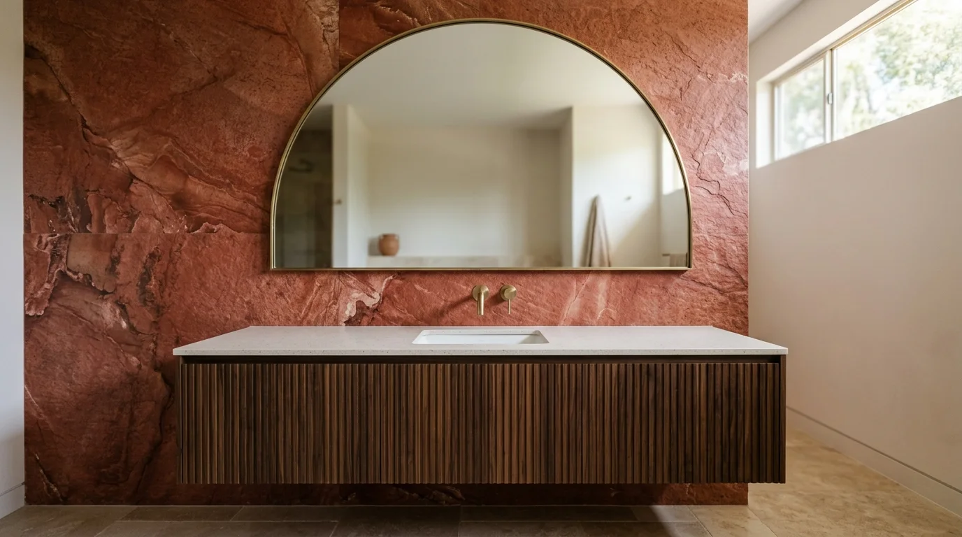 An arched mirror and concealed storage keeping attention on the stone