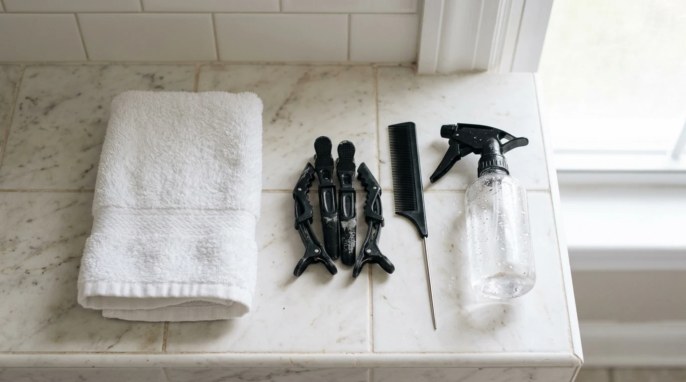 Sectioning clips a comb and a spray bottle set out for styling at home