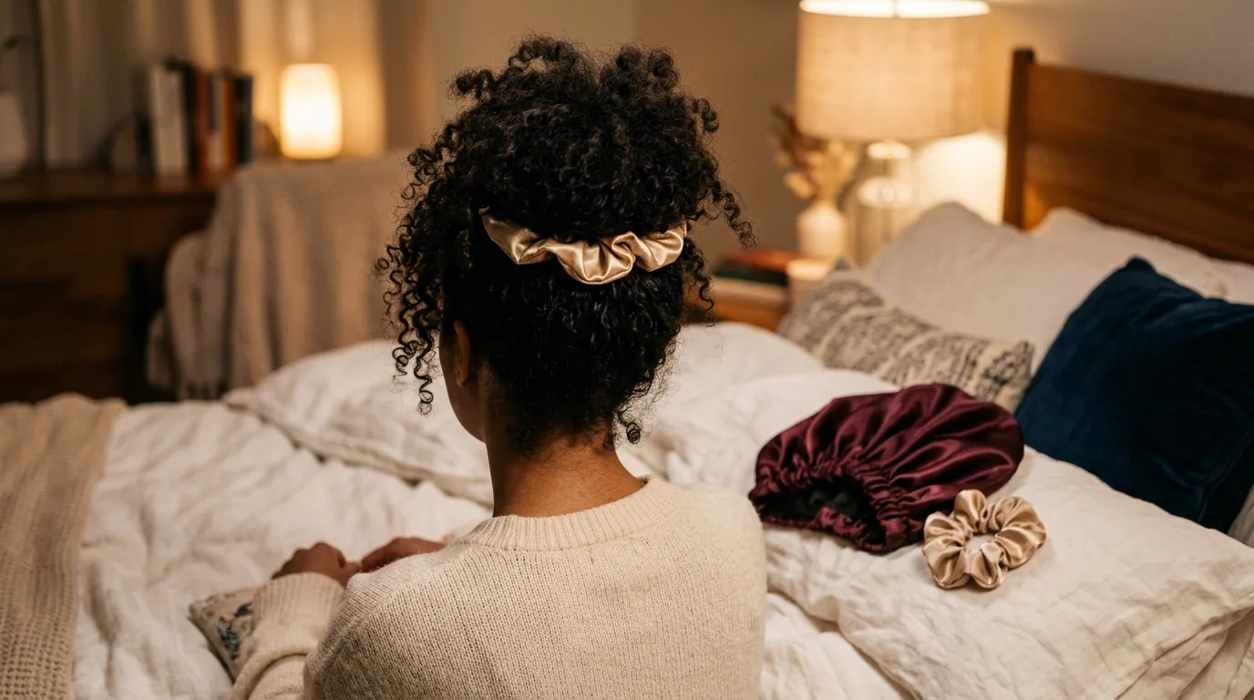 Curls pineappled with a silk scrunchie beside a satin bonnet for overnight