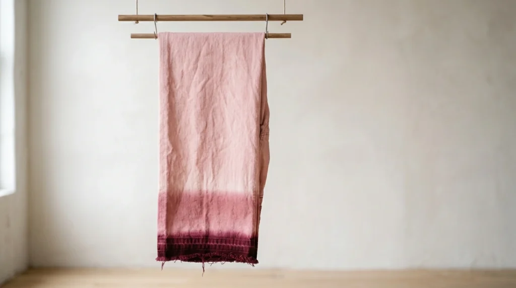 Denim hanging with a burgundy hem fading up into pale pink