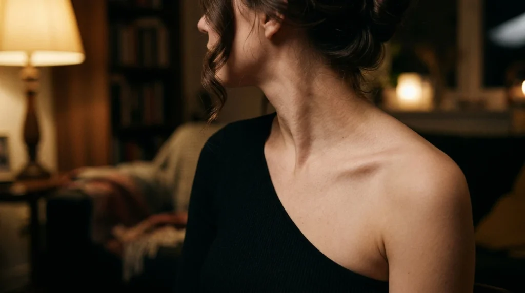 Black one shoulder top framing a bare collarbone in evening light