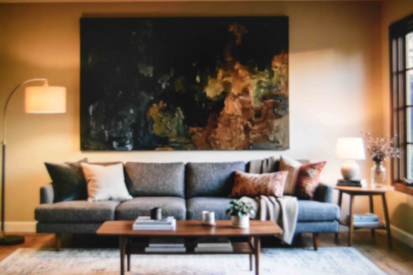 One oversized canvas anchoring the whole wall above a long sofa