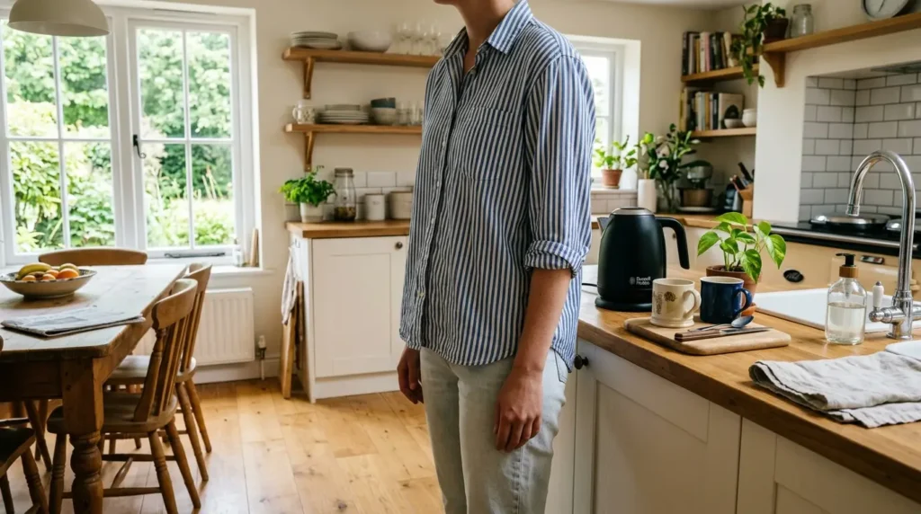 Loose striped shirt with rolled sleeves worn over pale denim