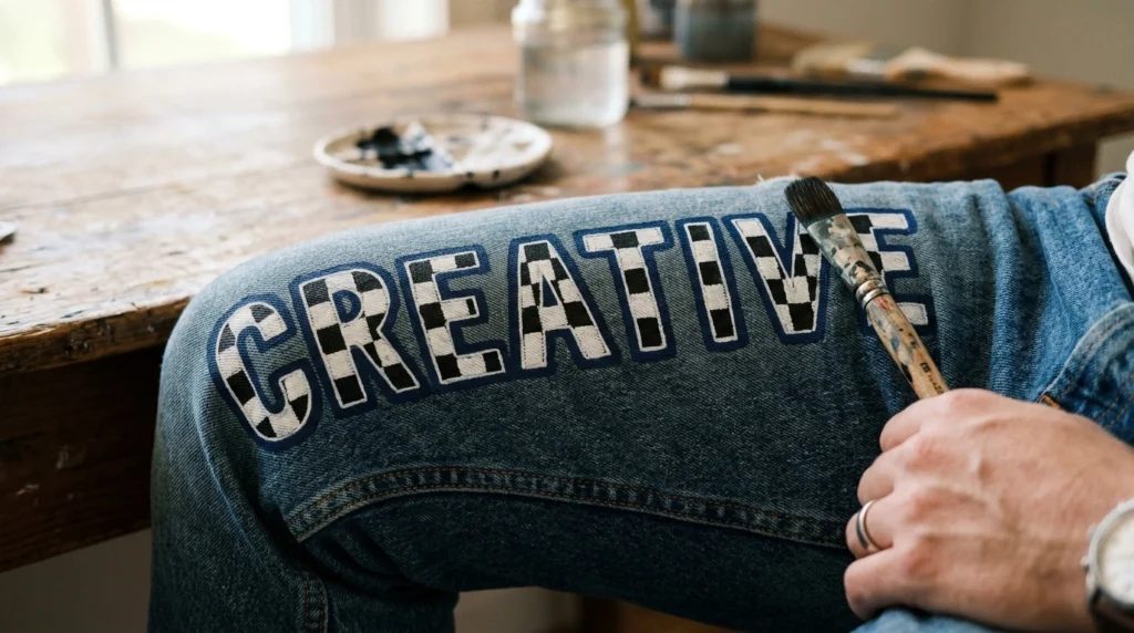 Outlined lettering filled with checkerboard pattern instead of flat paint on denim