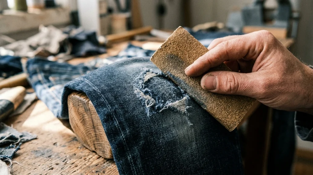 Sandpaper used to distress a denim knee in a deliberate shape rather than randomly