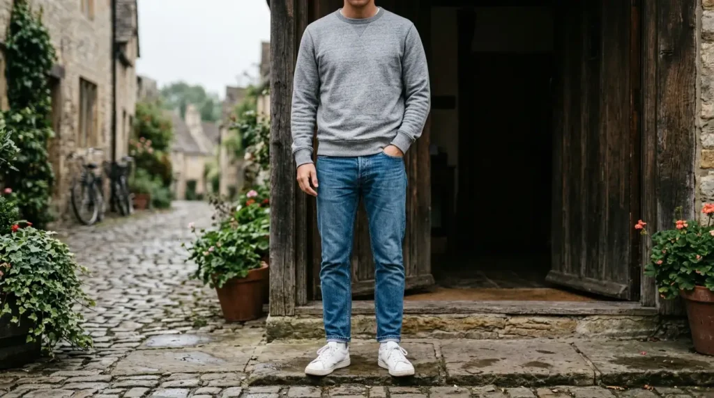 Grey marl sweatshirt worn with blue denim and white sneakers
