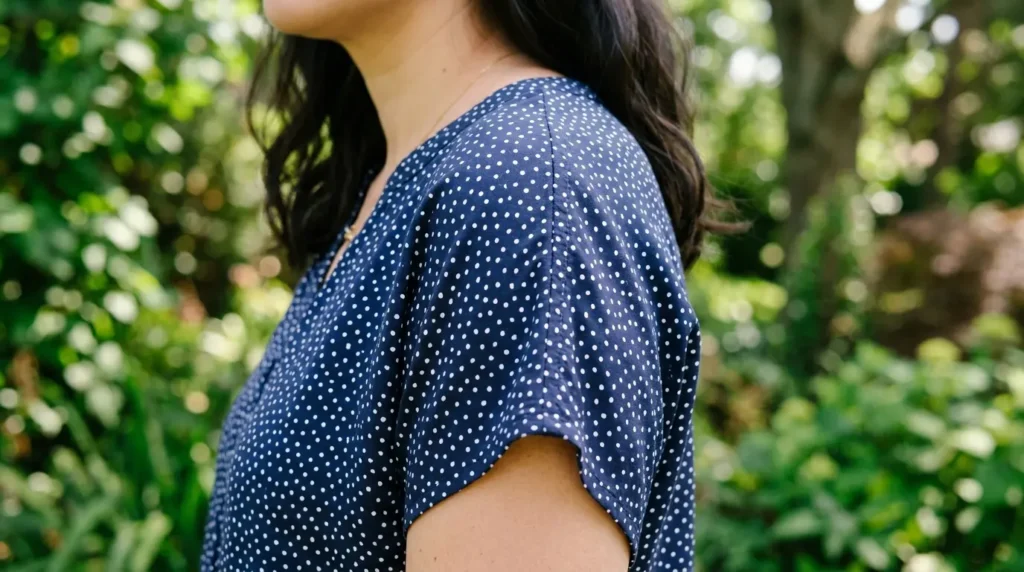Fine scale dotted blouse fabric draping over the shoulder in daylight