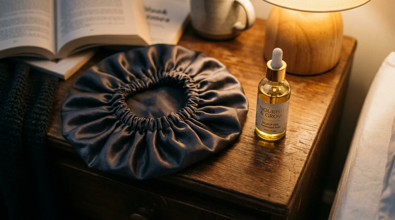 A satin bonnet and light scalp oil kept beside the bed for the first week