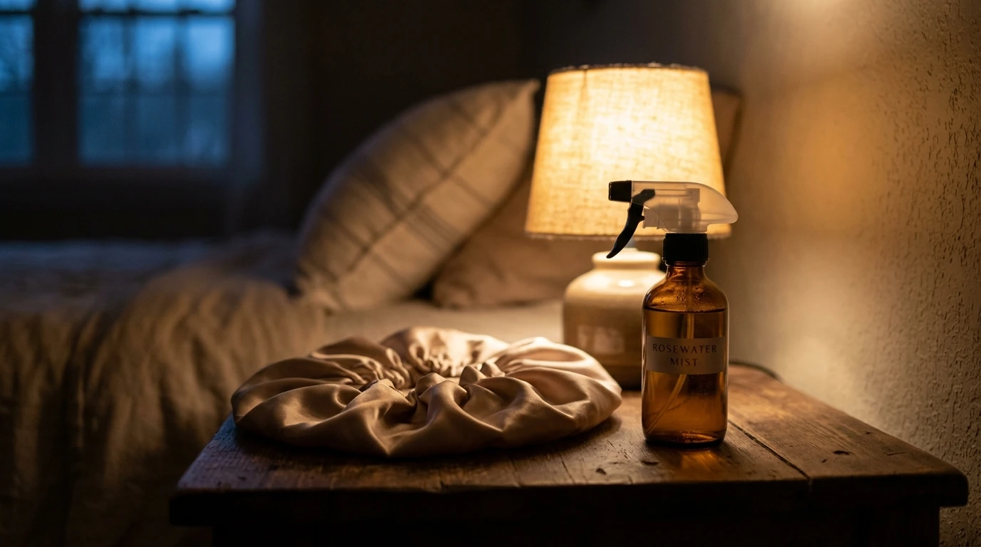 A satin bonnet and spray bottle kept beside the bed overnight