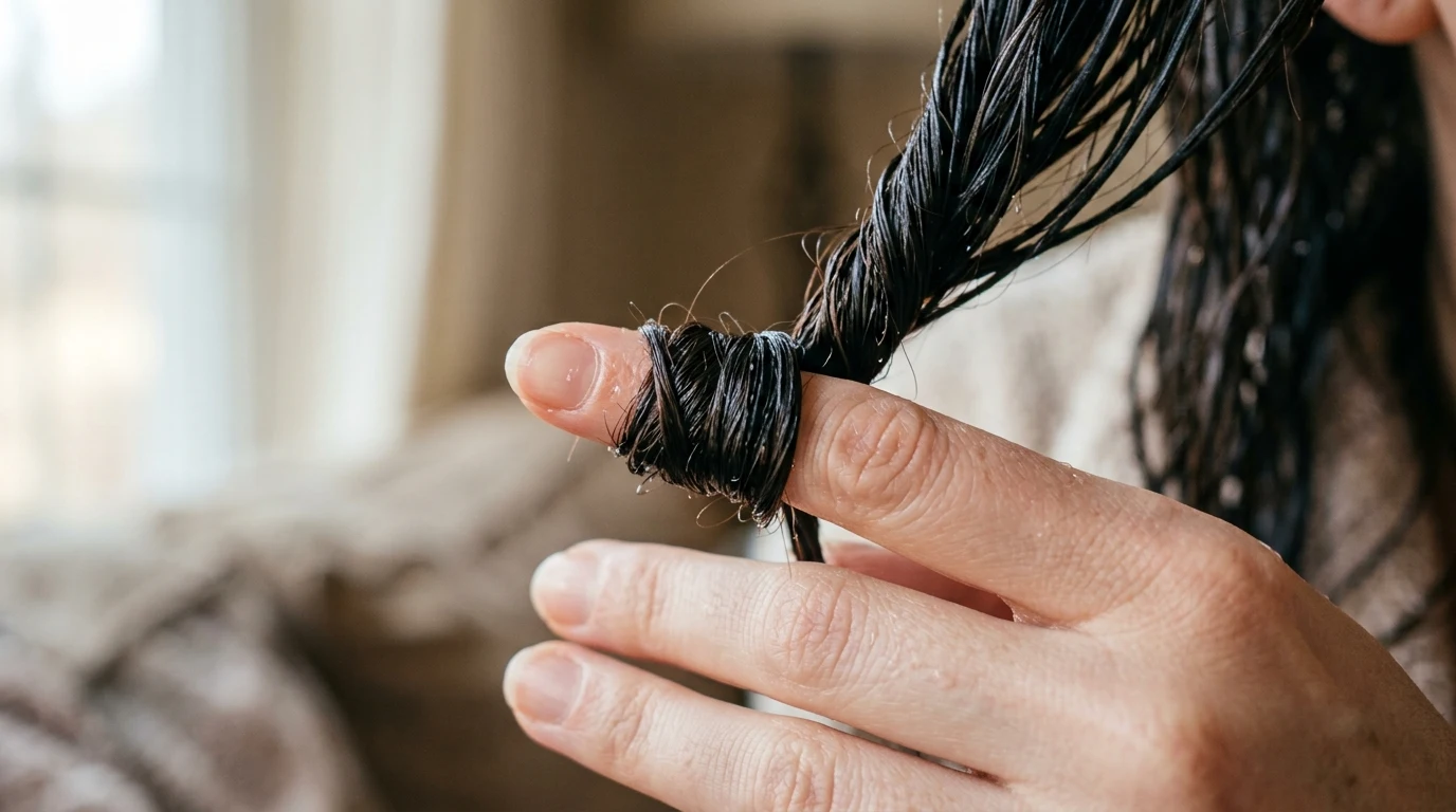 A wet section wrapped around a finger to set a defined coil
