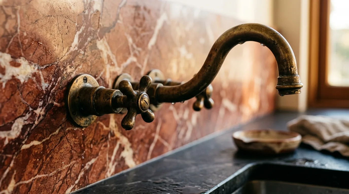 Brass tapware paired with red and black marble surfaces