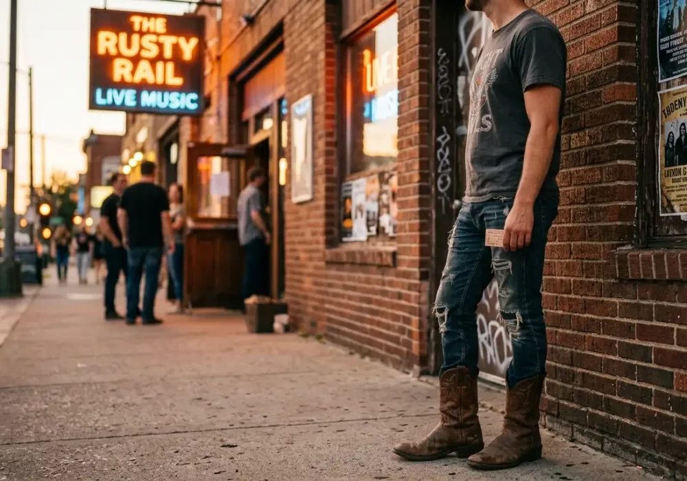 A faded tee ripped jeans and scuffed boots put together as a red clay strays concert outfit