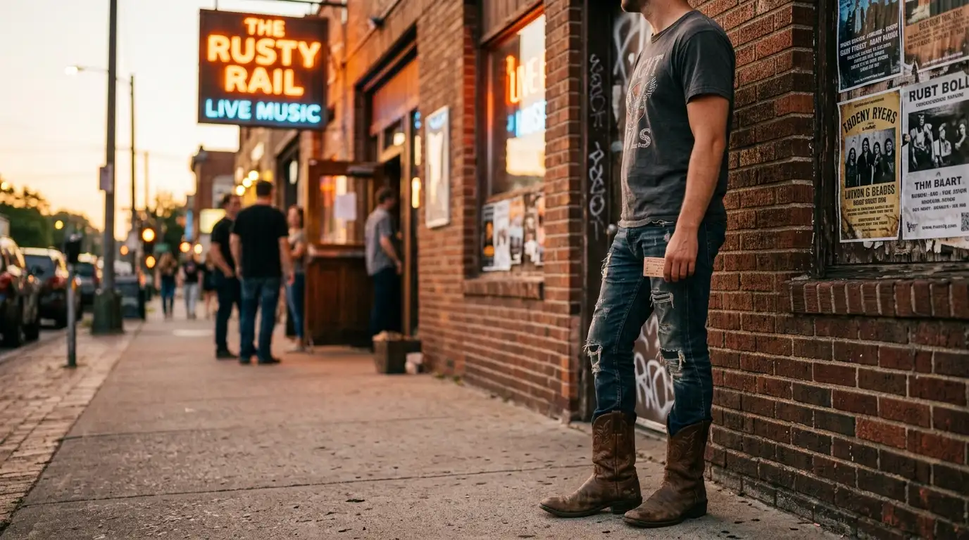 A faded tee ripped jeans and scuffed boots put together as a red clay strays concert outfit