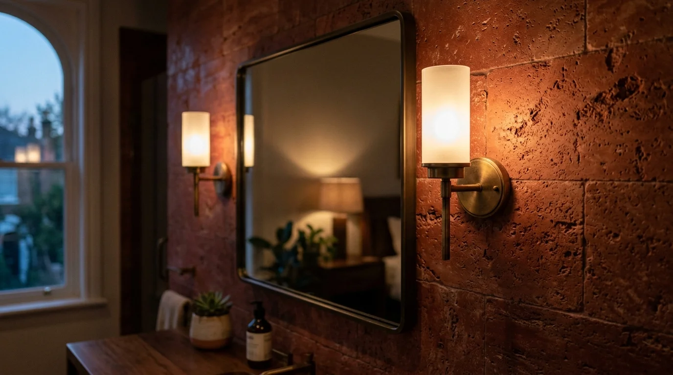 Sconces at face height raking light across red stone tile