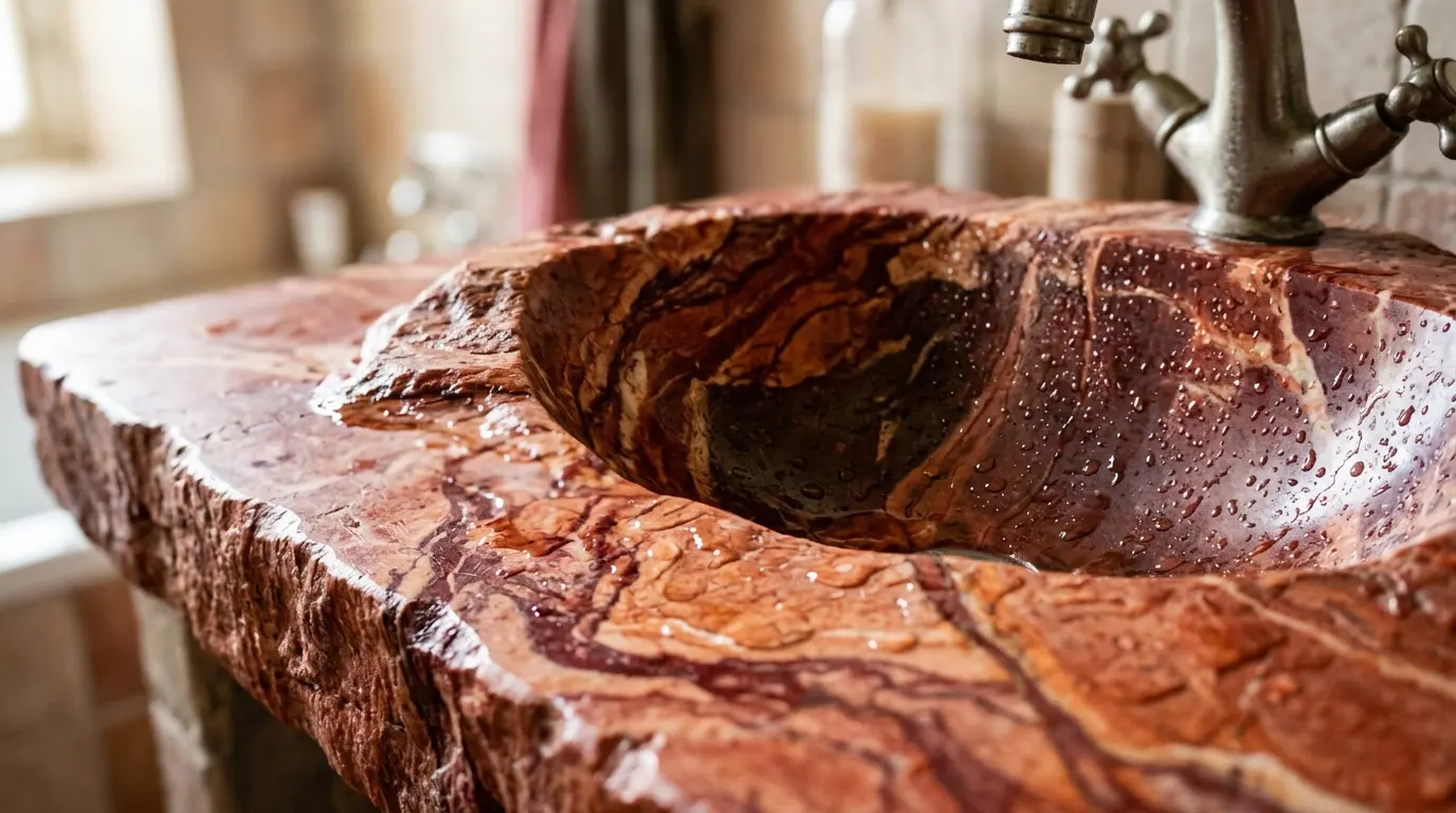 A red marble sink cut from the same block as the surrounding counter