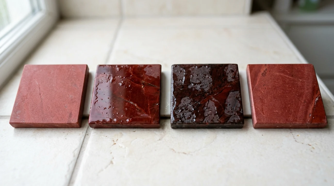 Polished red marble tiles laid out as samples with two pieces wetted for comparison