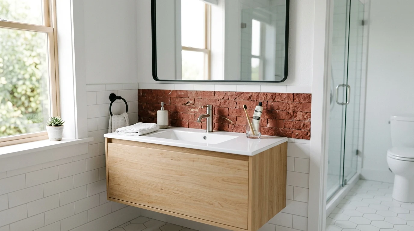 One red stone backsplash acting as the hero surface in an otherwise plain room