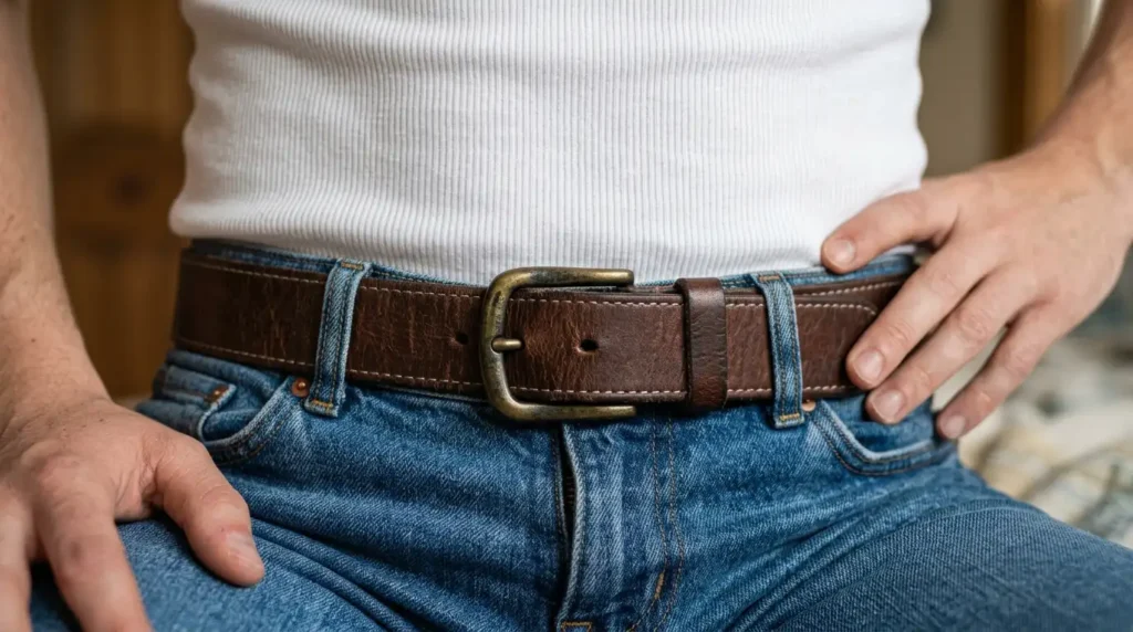 Leather belt cinching a tucked ribbed tank at the natural waist