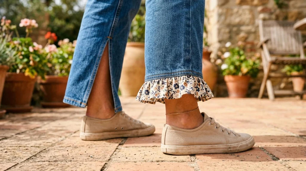 A ruffled denim cuff shown beside a leg with an open side slit