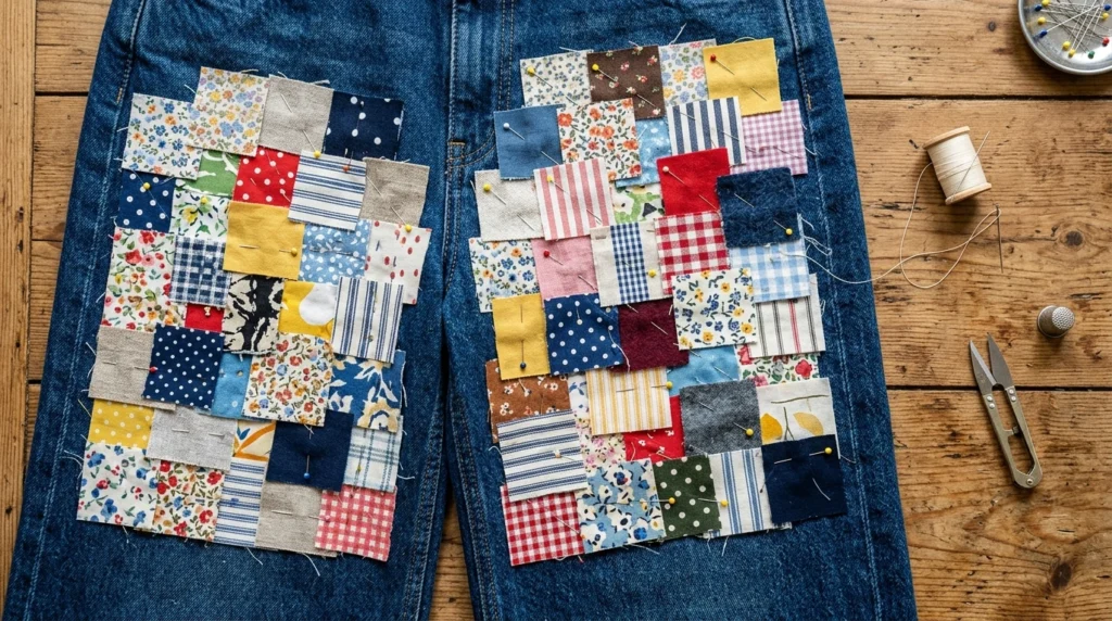 Overlapping fabric patches pinned across a wide leg panel as one of several senior jeans designs