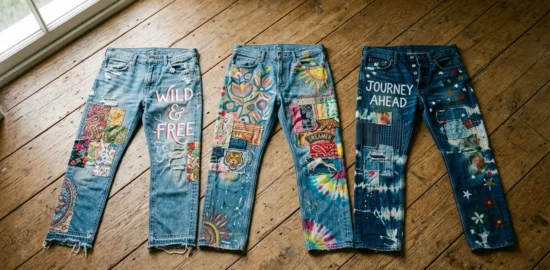 Three decorated denim pairs laid out showing different senior jeans ideas side by side