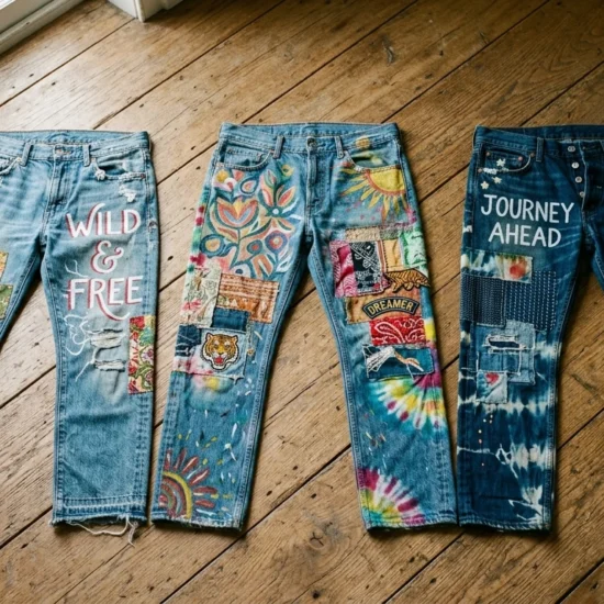 Three decorated denim pairs laid out showing different senior jeans ideas side by side