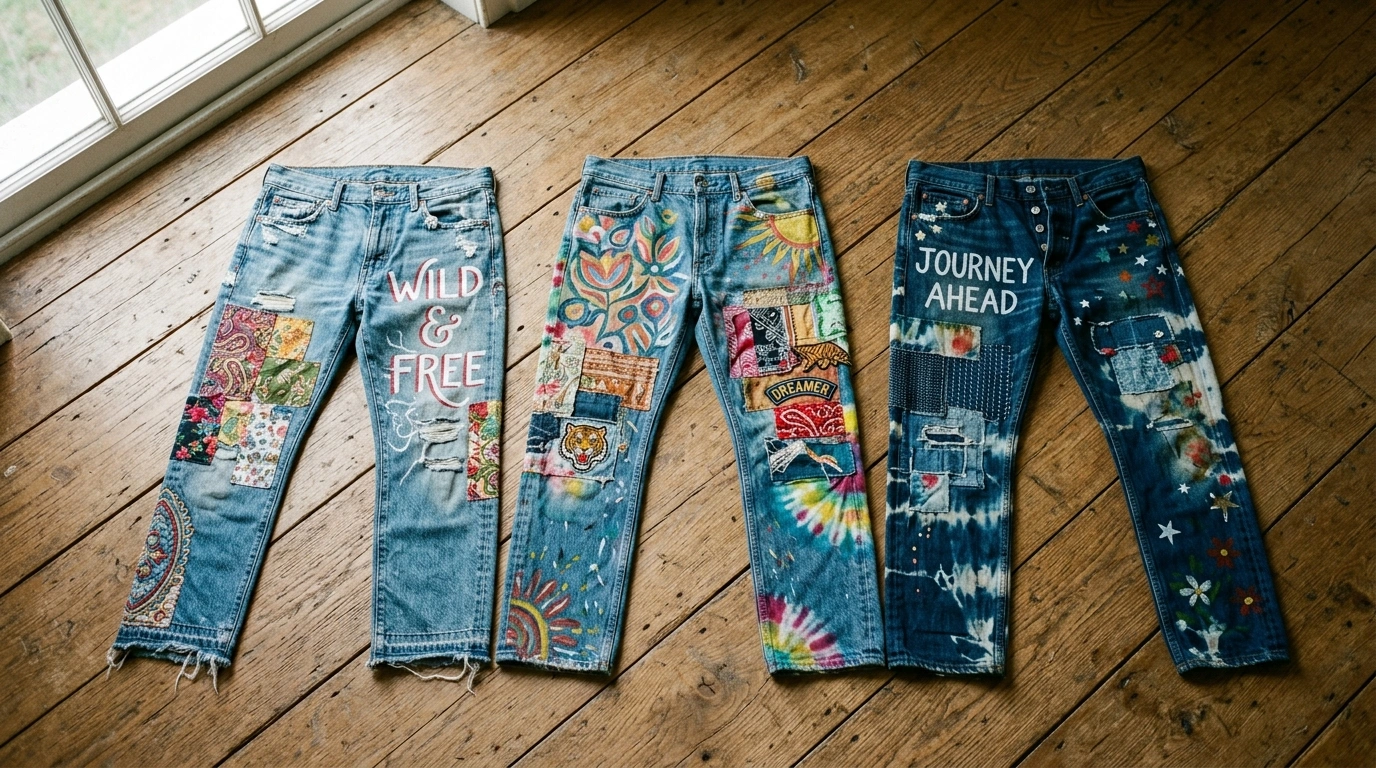 Three decorated denim pairs laid out showing different senior jeans ideas side by side