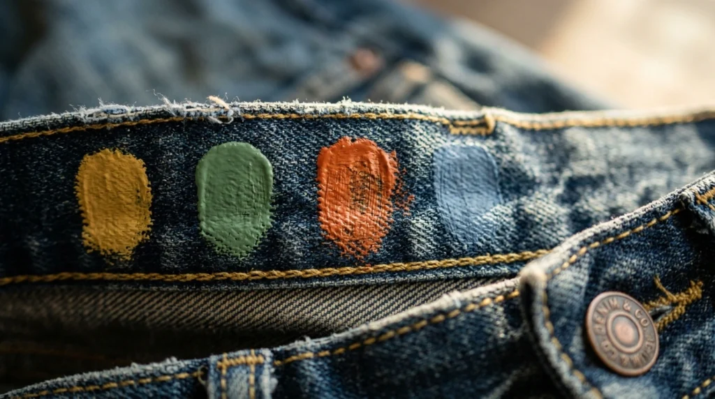 Paint colors tested on an inside waistband before painting the visible denim